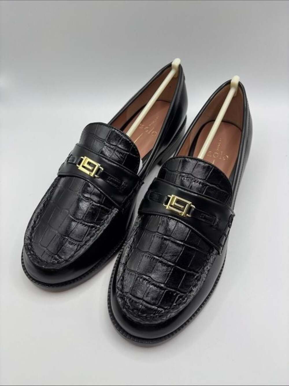 Paolo Black Croc-Embossed Leather Loafers with Gold Buckle